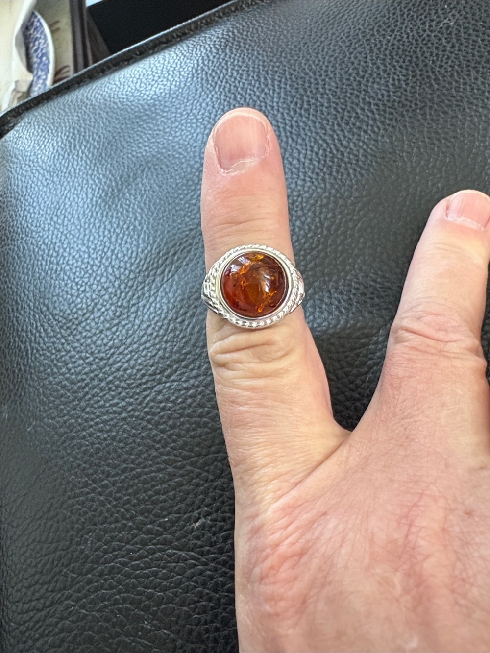 Unique New Sterling Silver Amber Cognac Cabochon Statement Ring